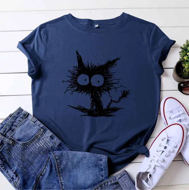 European And American Fashion Cat Printing Casual Short sleeved T shirt Women's Clothing Navy Blue - Shop at LoveMi