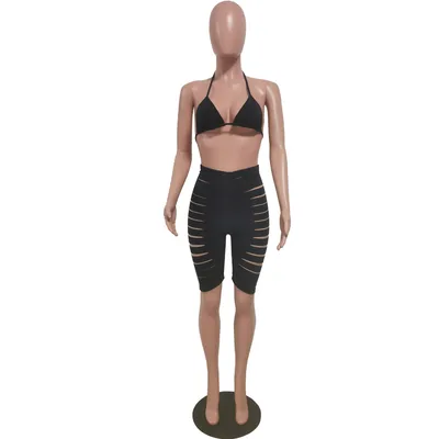 Burnt Flower Hole Swimsuit Vacation Two piece Set Black - Shop at LoveMi