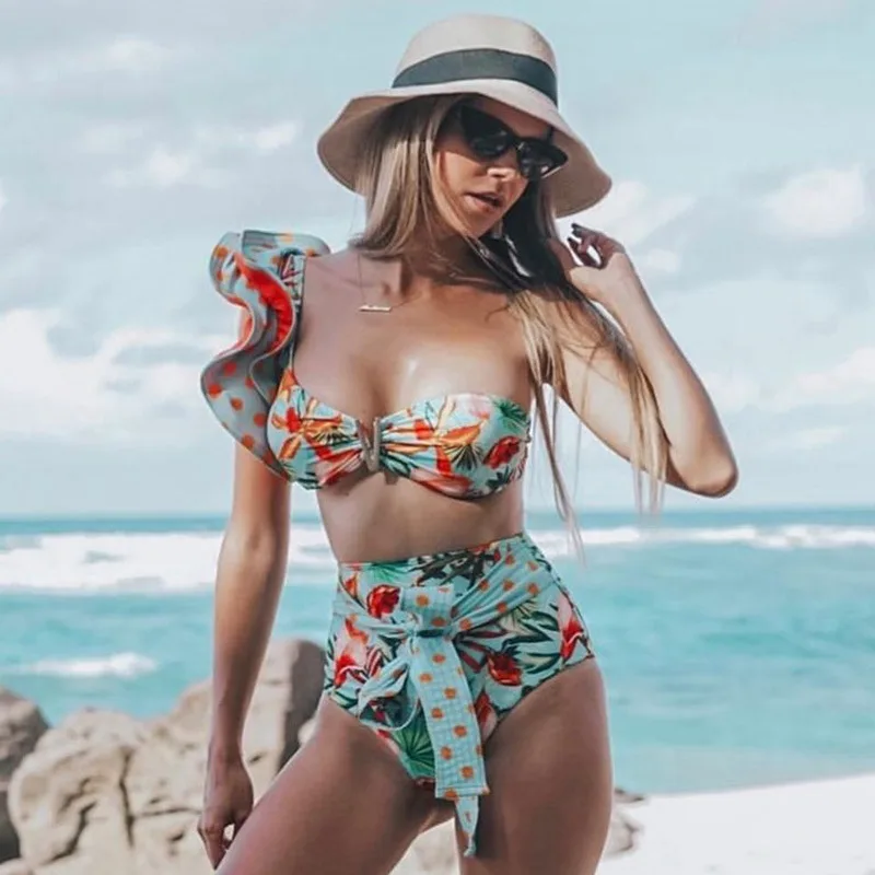 Big Ruffle Tie Bikini Print Swimsuit Blue - Shop at LoveMi