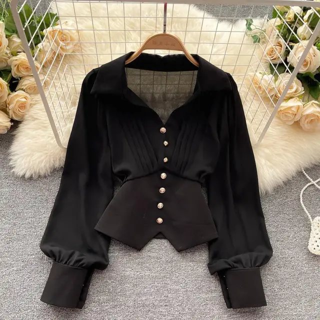 Design Sense Niche Wrinkled V Neck Long Sleeved Shirt Black - Shop at LoveMi