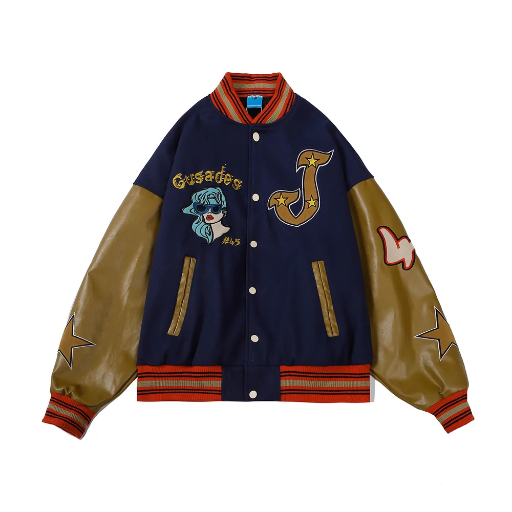 American Street Embroidery Stitching Pu Leather Jacket Baseball Brown - Shop at LoveMi