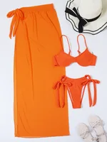 Three Piece Mesh Skirt Bikini - Orange