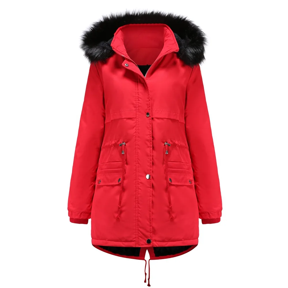 Autumn And Winter Women's Clothing Large Fur Collar Cotton Coat Women's Fleece lined Thickened Detachable Hat Warm Coat Red - Shop at LoveMi
