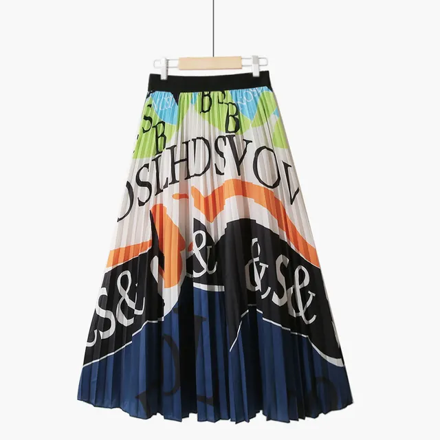 Korean Style Slimming And Fashionable Retro Contrast Color Letter Asymmetric Wide Hem Printed Pleated Mid length Chiffon Skirt Dark Blue - Shop at LoveMi