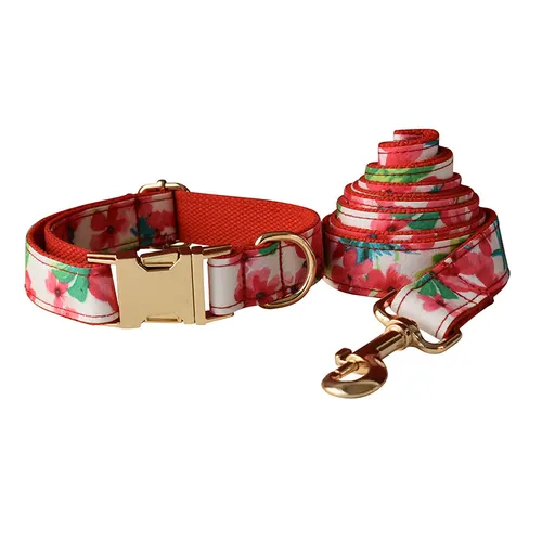 Red Floral Print Dog Leash Collar Leash And Collar - Shop at LoveMi