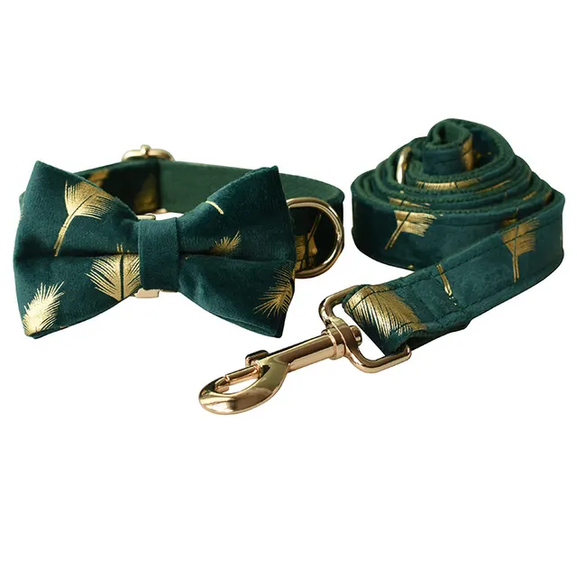 Emerald Feather Pattern Pet Collar Bow Leash Set Bow Suit - Shop at LoveMi