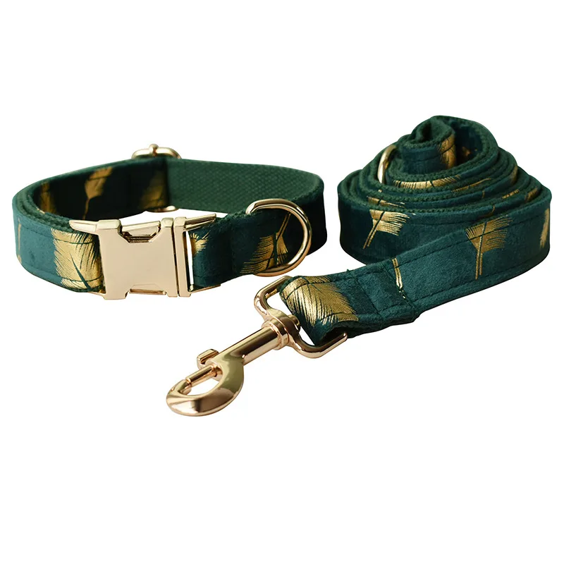 Emerald Feather Pattern Pet Collar Bow Leash Set Dog Ring Dog Rope Suit - Shop at LoveMi