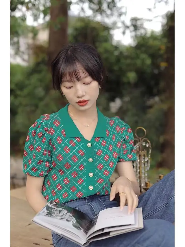 Women's Green Plaid Short sleeved Knitted Cardigan Jacket Green - Shop at LoveMi