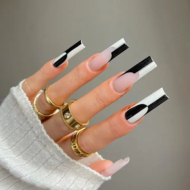 Simple Black And White Color Matching Long Nails Removable Nail Tip Jp1199 - Shop at LoveMi