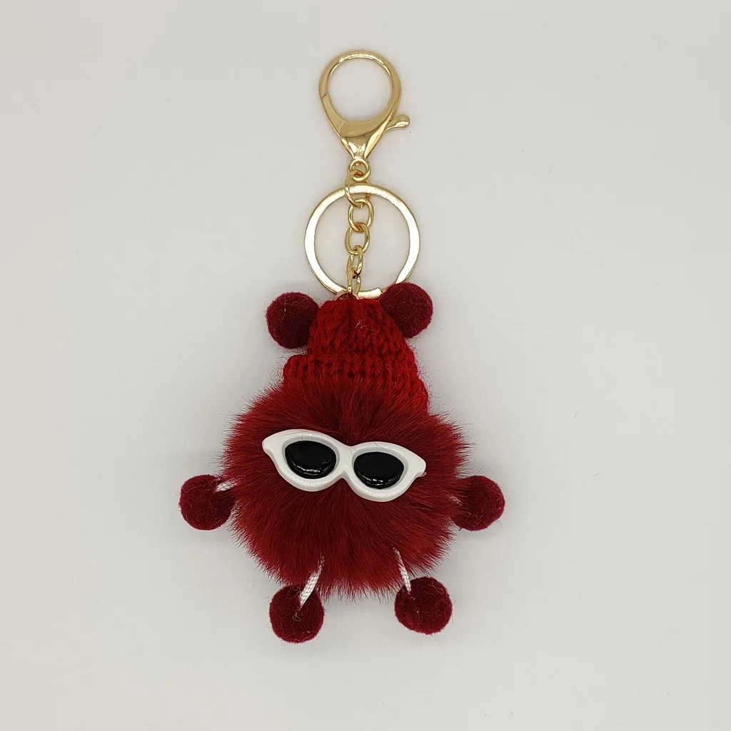 Rex Rabbit Fur Small Briquettes Elf Cute Plush Doll Pendant Keychain - Wine Red