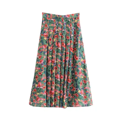 Seaside Resort Style Pleated High Waist Slit Long Skirt Green - Shop at LoveMi