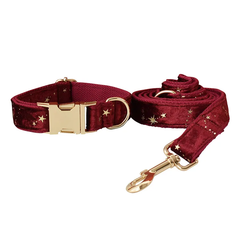 Pet Collar Bow Burgundy Star Flannel Dog Leash Set - Shop at LoveMi