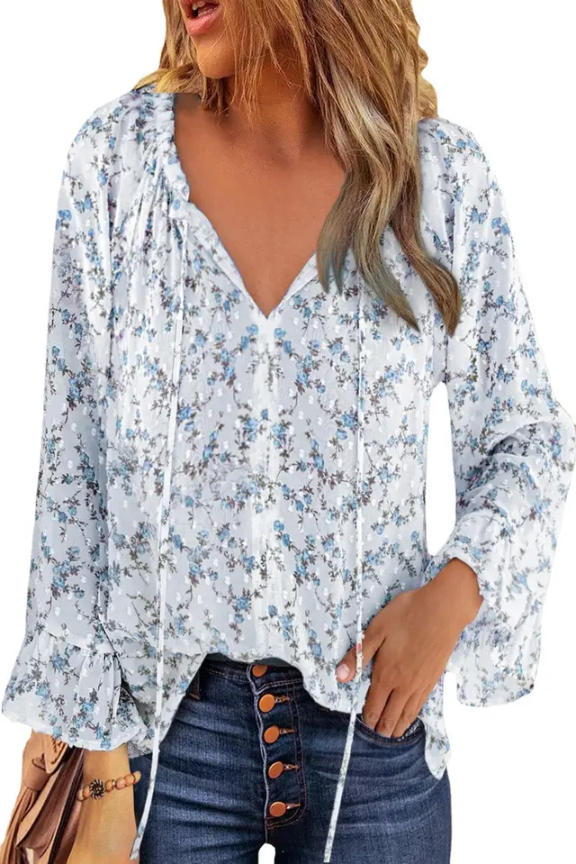European And American High end Women's V neck Printed Top Lantern Sleeves Floral Chiffon Shirt Blue - Shop at LoveMi