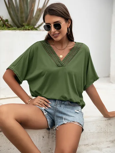 Summer New Hollow out Splicing V Collar Loose Sweater Green - Shop at LoveMi