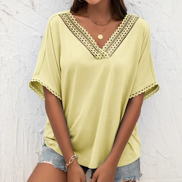 Summer New Hollow out Splicing V Collar Loose Sweater Yellow - Shop at LoveMi