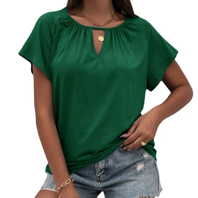 Women's New Round Neck Loose Hollow Short Sleeve T Shirt Green - Shop at LoveMi