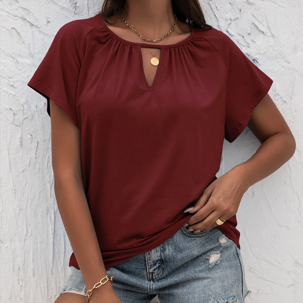 Women's New Round Neck Loose Hollow Short Sleeve T-Shirt - Red