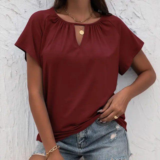 Women's New Round Neck Loose Hollow Short Sleeve T Shirt Red - Shop at LoveMi