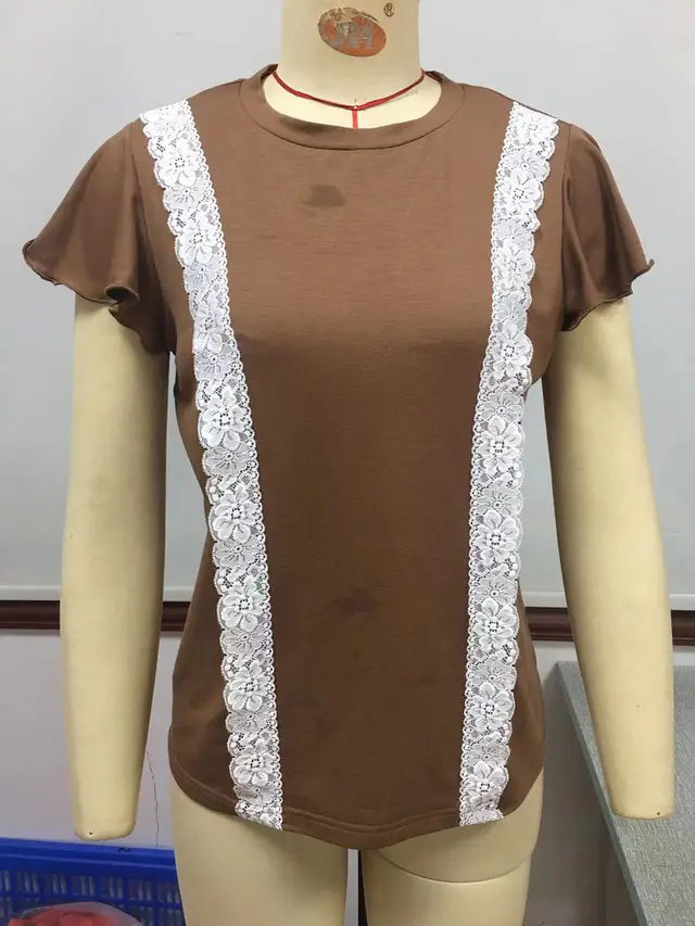Plain Lace Lace Short Sleeve T shirt With Flounces Coffee - Shop at LoveMi