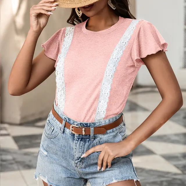 Plain Lace Lace Short Sleeve T shirt With Flounces Pink - Shop at LoveMi