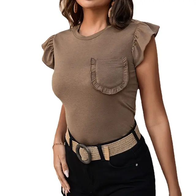 Sleeveless T shirt With Solid Color Spliced Ear Edge Pocket Coffee - Shop at LoveMi