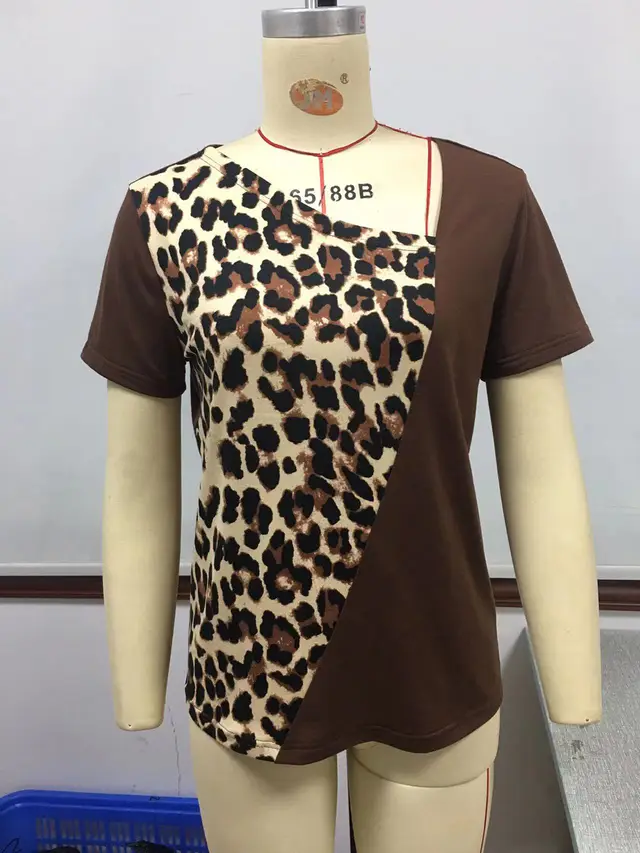 Loose Leopard Patchwork Knit With Irregular Neckline Coffee - Shop at LoveMi