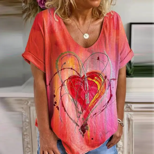 Graffiti Heart Print Loose Casual Short Sleeve T Shirt Red - Shop at LoveMi