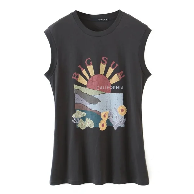 Spring New Women's Sun Flower Print Sleeveless T Shirt Grey - Shop at LoveMi