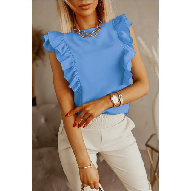 Women's Loose Round Neck Solid Ruffle Short Sleeve Shirt Blue - Shop at LoveMi