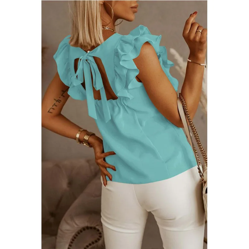 Women's Loose Round Neck Solid Ruffle Short Sleeve Shirt - Green