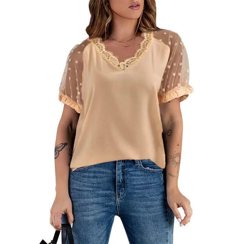 Summer New Lace Short sleeved Solid Color Top European And American Ladies Slim V neck Pullover T shirt Apricot - Shop at LoveMi