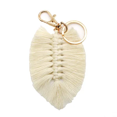 New Hand woven Cotton Rope Tassel Keychain Leaf Pendant Multicolor Beige - Shop at LoveMi
