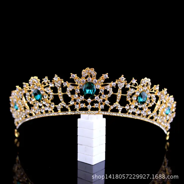 Big Crown European Baroque Wedding Princess Hair Accessories Vintage Gold White Diamond Emerald - Shop at LoveMi