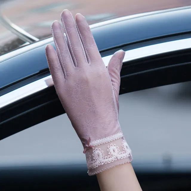 Women's Summer Thin Long UV proof Gloves Spring And Autumn Thin Short Cotton Ice Lace Butterfly 24Cm Meat Powder - Shop at LoveMi