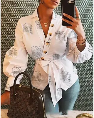 Long V Neck Balloon Sleeve Button Print Shirt - White