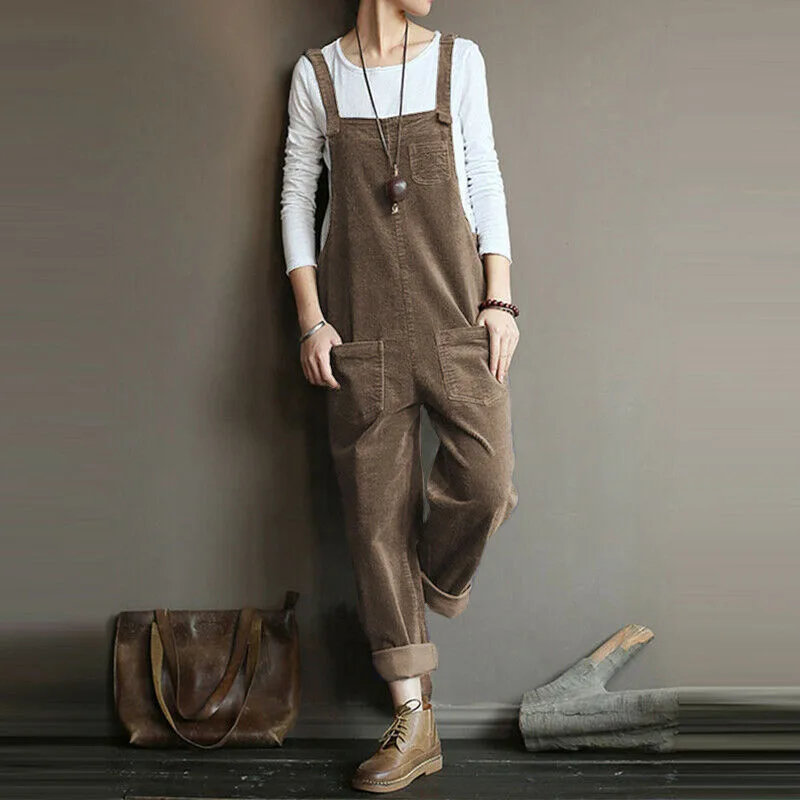 Women's Corduroy Solid Color Casual Bib Pants Coffee - Shop at LoveMi