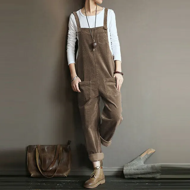 Women's Corduroy Solid Color Casual Bib Pants Khaki - Shop at LoveMi