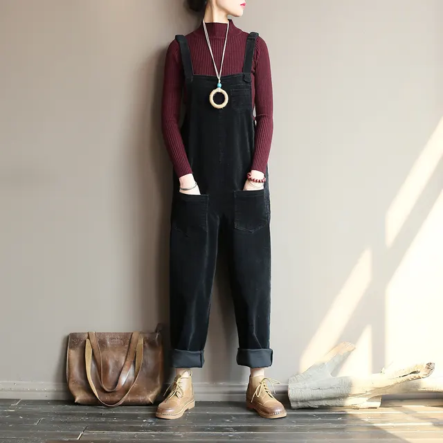 Retro Corduroy Women's Autumn Casual Overalls Black - Shop at LoveMi