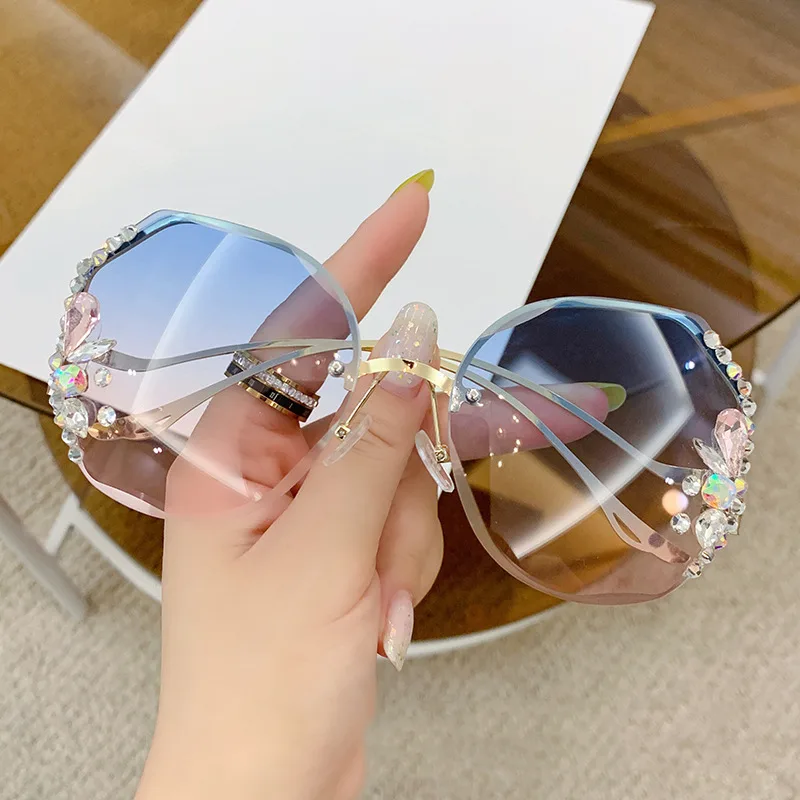 Women's Fashion Rimless Cut Edge Diamond Sunglasses - Gold Frame Blue Pink