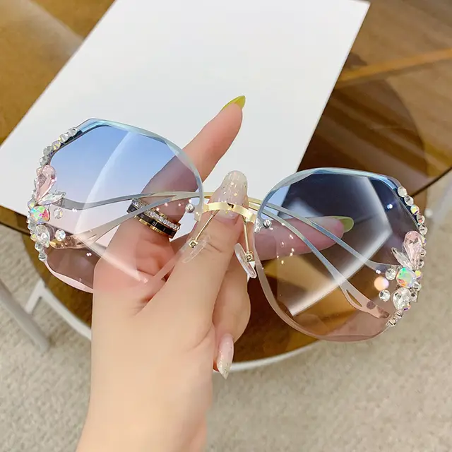Women's Fashion Rimless Cut Edge Diamond Sunglasses Gold Frame Blue Pink - Shop at LoveMi
