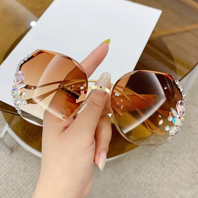 Women's Fashion Rimless Cut Edge Diamond Sunglasses Gold Frame Gradient Tea - Shop at LoveMi