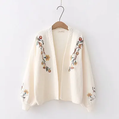 Knit Cardigan Embroidered Balloon Sleeve Loose Sweater Jacket Beige - Shop at LoveMi