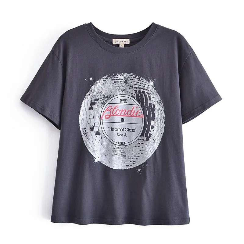 Women's Round Neck Loose Letter Circle Print Short Sleeves Grey - Shop at LoveMi