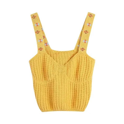 Women's Inner Spring And Summer Flower Embroidery Knitted Top Yellow - Shop at LoveMi