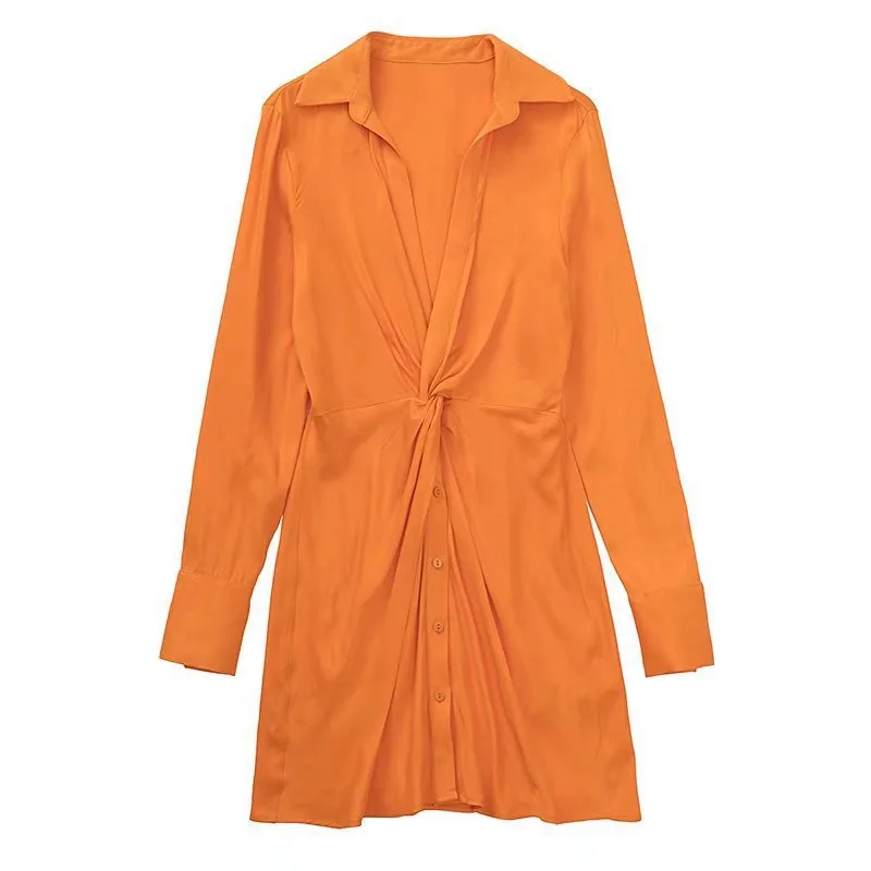 Women's V Neck Pleated Knotted Silk Satin Short Dress Orange - Shop at LoveMi