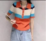 Color Stitching Lapel T-shirt Slim Fit And Slim Short Sleeves - Brick Red