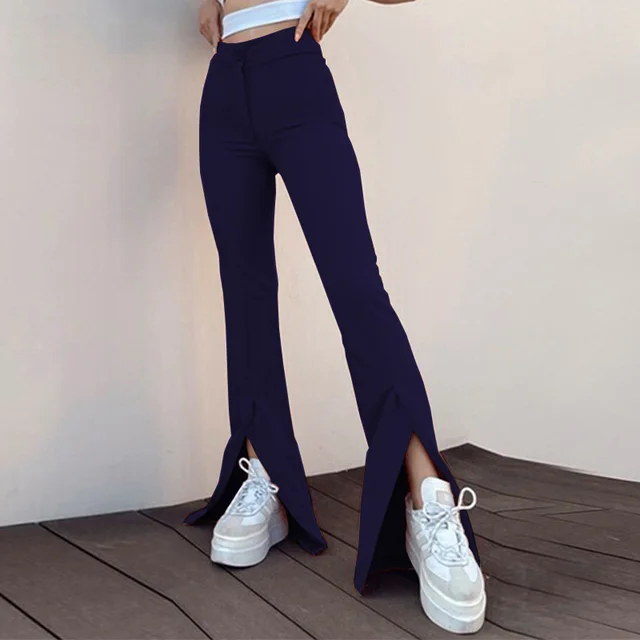 European And Beautiful Women's High end Women's Clothing Split Solid Color Slim fit Micro cut Casual Pants Trousers Dark Blue - Shop at LoveMi