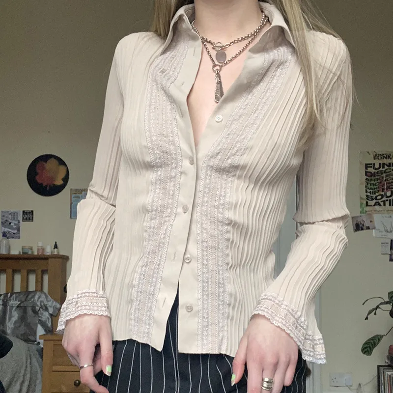 Women's Fashion Chiffon Lace Stitching Lapel Shirt Color - Shop at LoveMi