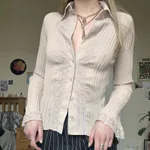 Women's Fashion Chiffon Lace Stitching Lapel Shirt - Color - View 1