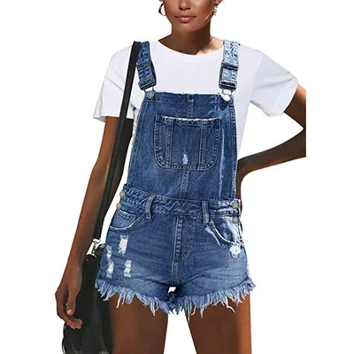 European And American Ripped Suspender Denim Hole Jumpsuit Light Blue - Shop at LoveMi